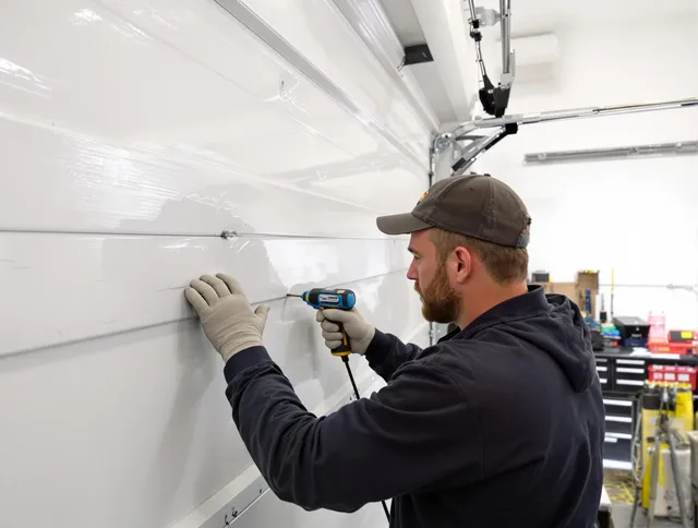 Seven Hills Garage Door Repair technician demonstrating precision dent removal techniques on a Seven Hills garage door