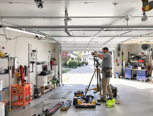 Seven Hills Garage Door Repair specialist performing laser-guided track alignment in Seven Hills
